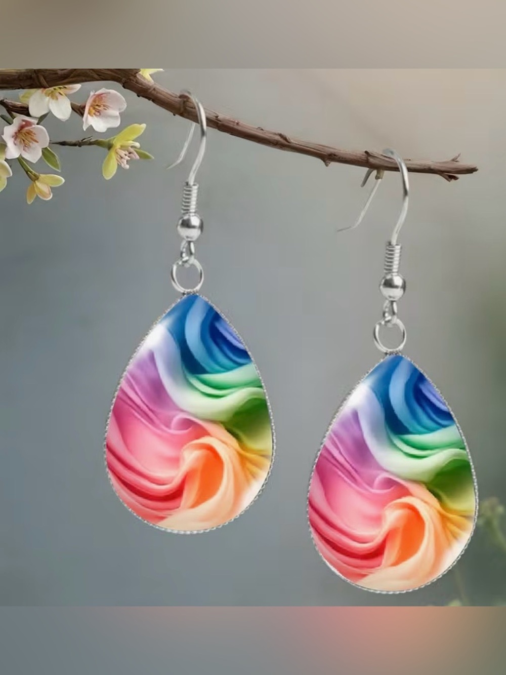 Teardrop Dangle Earrings Cabochon glass dome style with colorful swirl design.